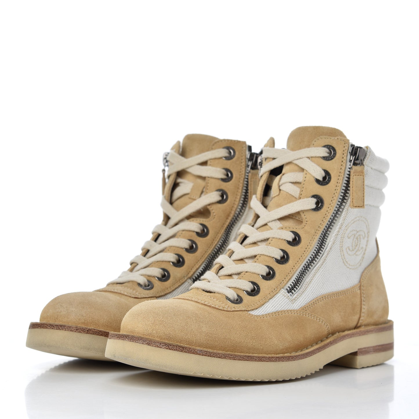Toile Suede Calfskin CC Lace Up Short Boots 36 Light Beige