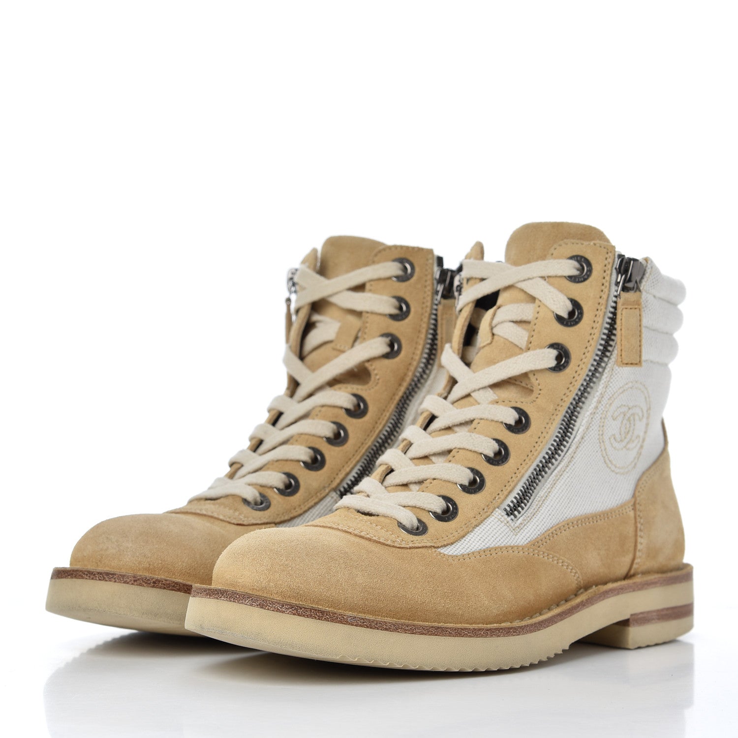 Chanel Toile Suede Calfskin CC Lace Up Short Boots 36 Light Beige 3 of 20