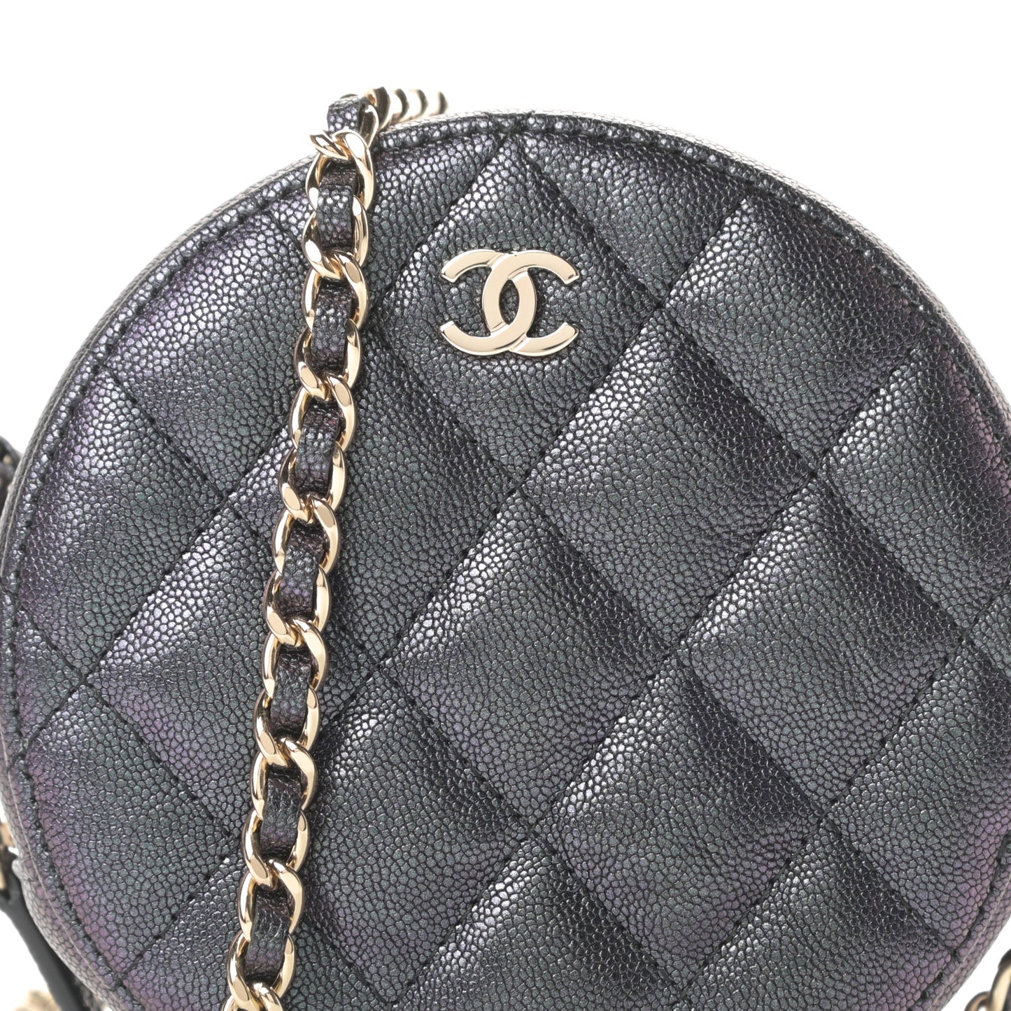 Iridescent Caviar Quilted Round Clutch With Chain Black