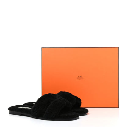 Hermes Woolskin Oran Sandals 37.5 Black 10 of 10