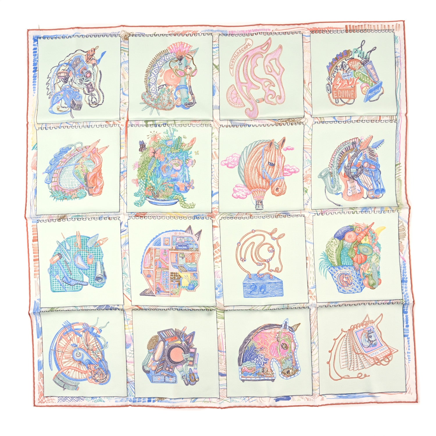 Hermes Silk Chevaloscope Scarf 90 Vert D'eau Corail Bleu 1 of 5