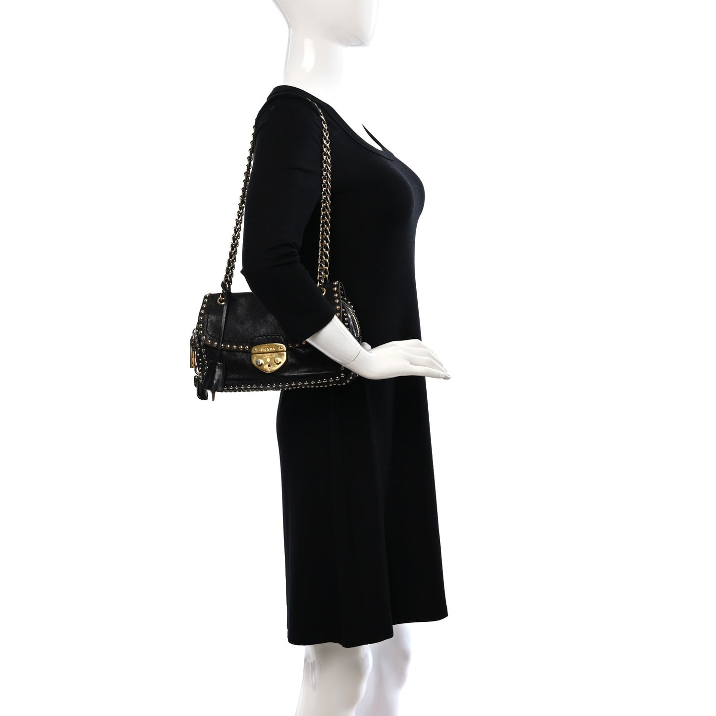Glace Calf Studded Pushlock Chain Shoulder Bag Black