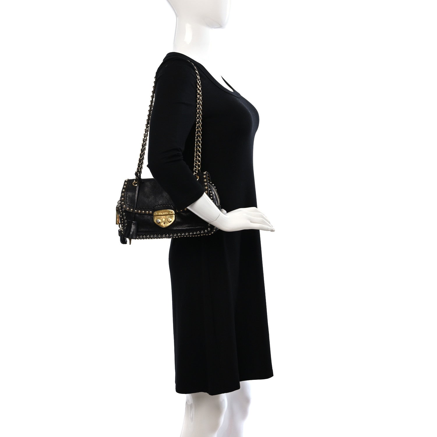 Prada Glace Calf Studded Pushlock Chain Shoulder Bag Black 2 of 9