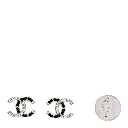 Chanel Crystal Baguette Lambskin Chain CC Vintage Allure Stud Earrings Black Silver 2 of 4