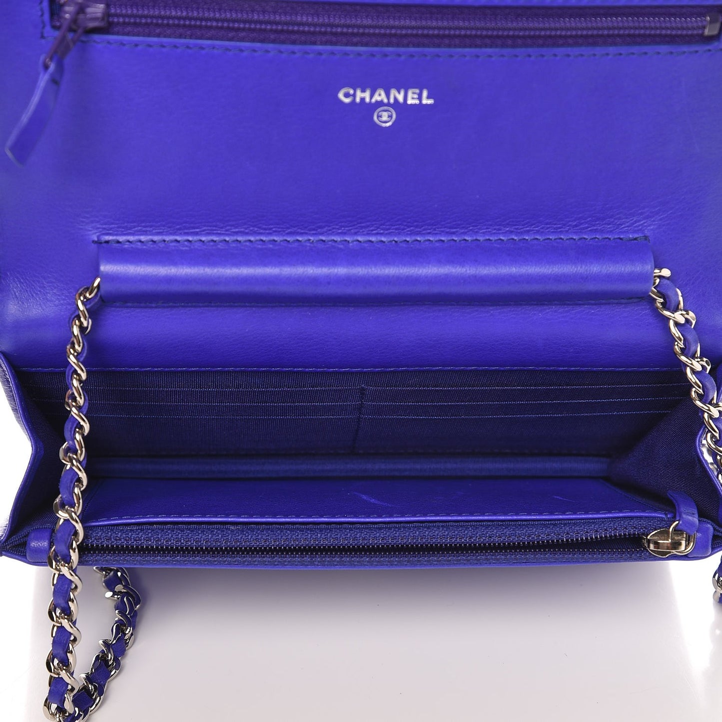 Calfskin Quilted Fancy CC Wallet On Chain WOC Blue