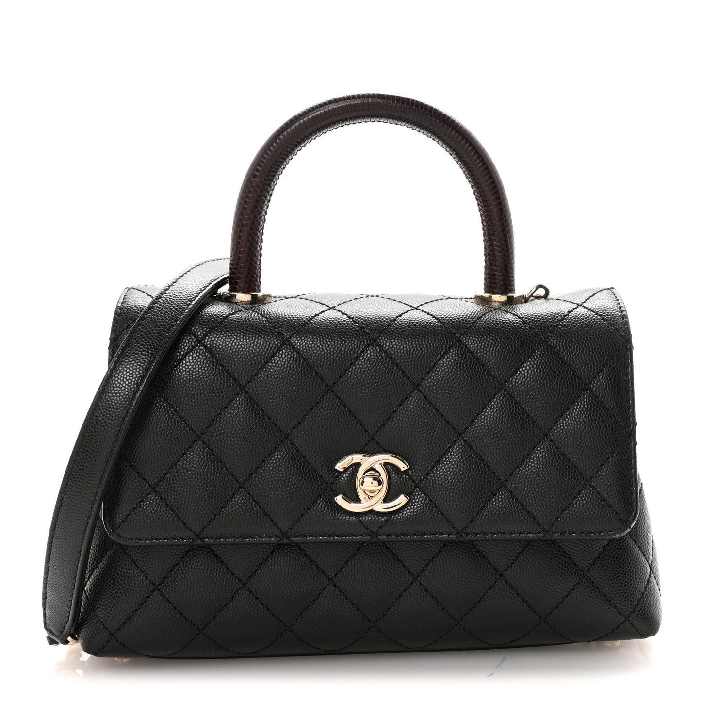 Caviar Lizard Embossed Quilted Mini Coco Handle Flap Black