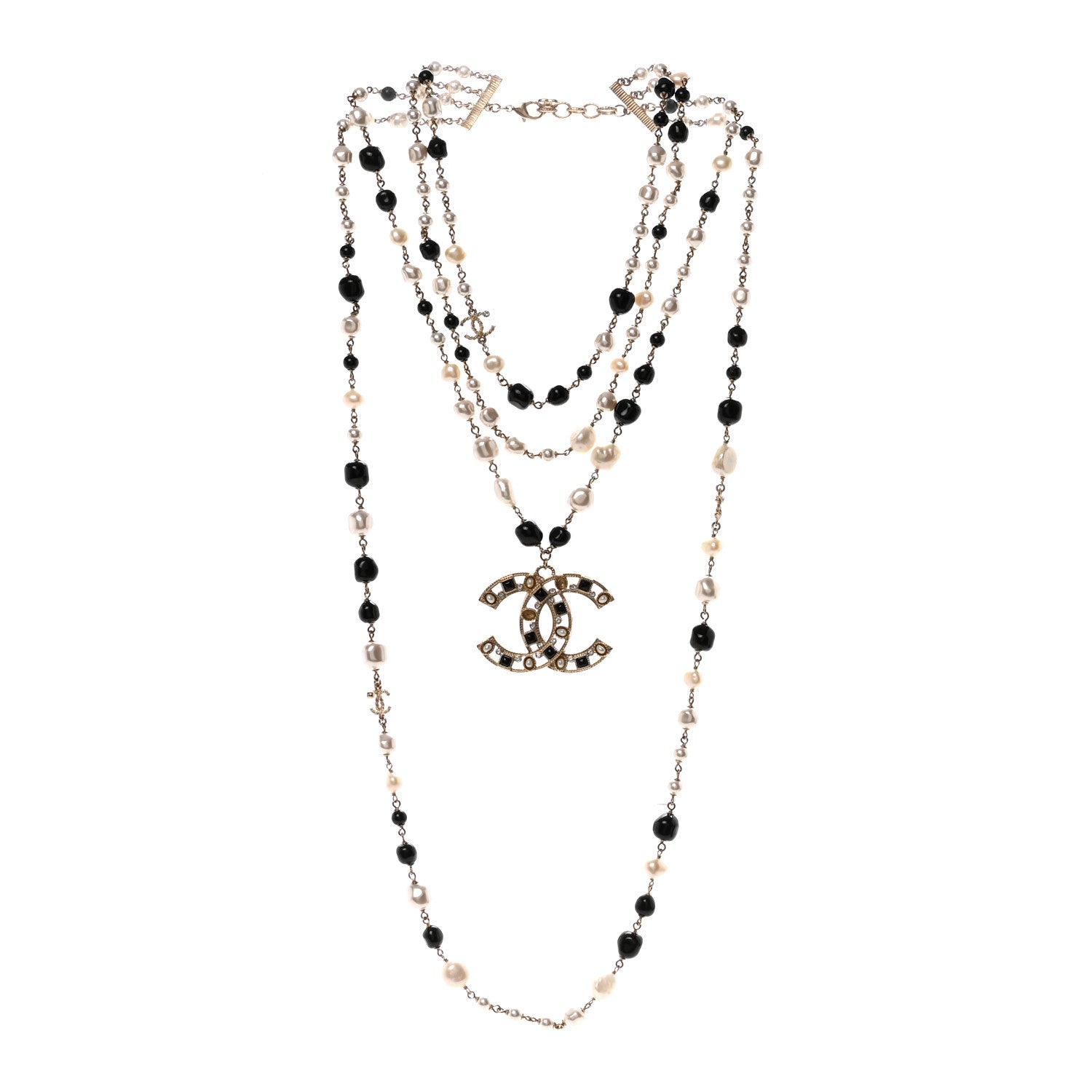 Chanel Pearl Bead Crystal CC Byzantine Necklace Black Gold 3 of 6