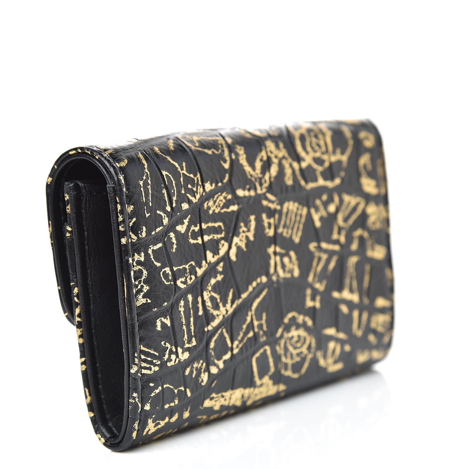 Chanel Calfskin Crocodile Embossed Graffiti Reissue Card Holder Wallet Black Gold 3 of 11
