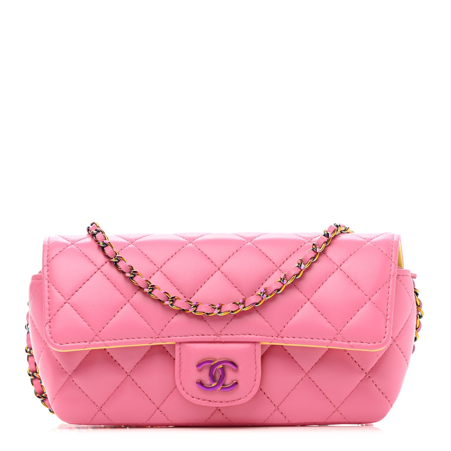 Lambskin Quilted Glasses Case With Chain Pink Yellow