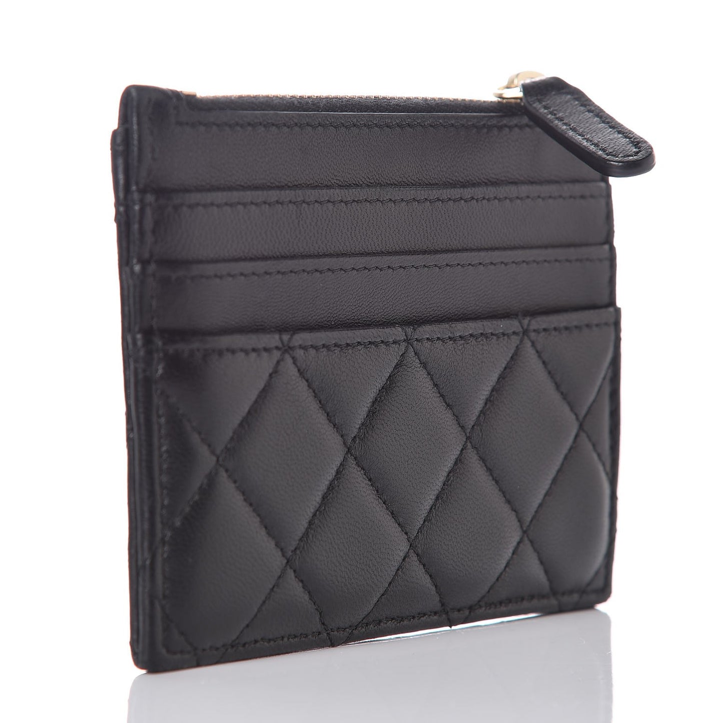 Lambskin Quilted Zip Card Holder Black