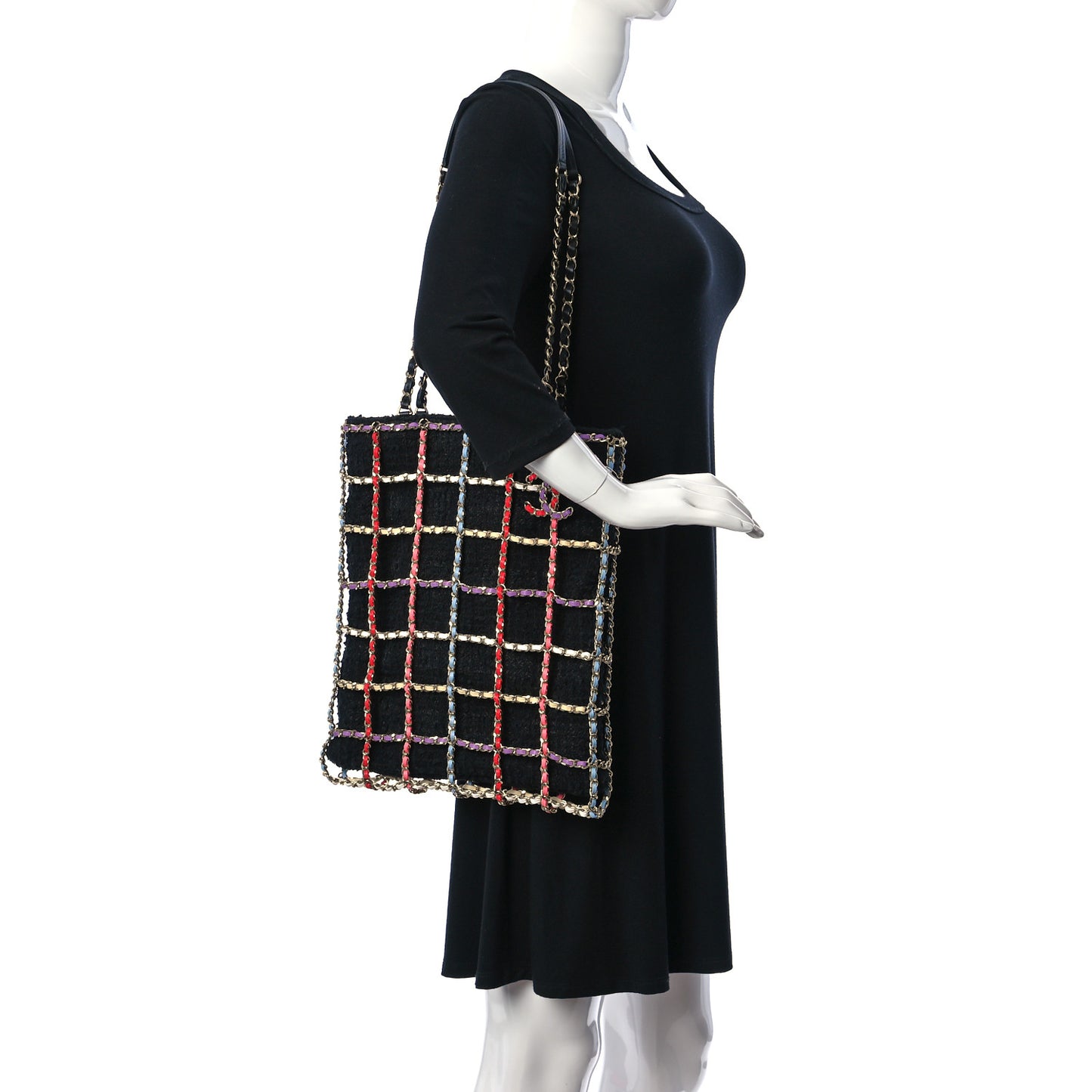 Tweed Large Shopping Chain Tote Black Multicolor