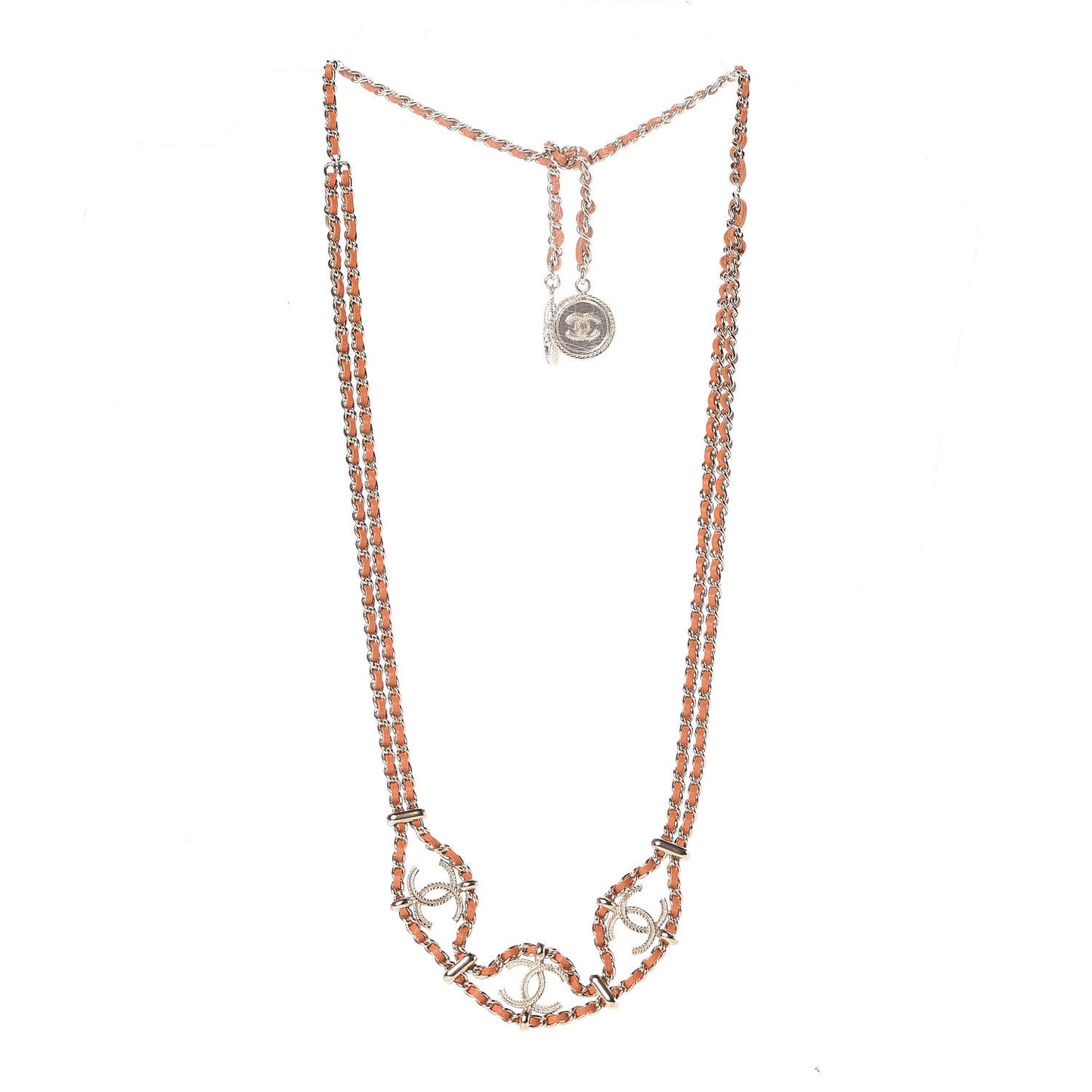 Metal Lambskin CC Chain Link Necklace Gold Orange