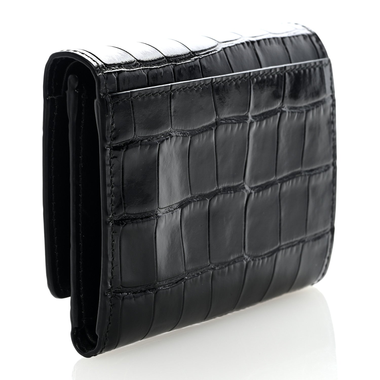 Burberry Calfskin Crocodile Embossed TB Compact Wallet Black 3 of 6