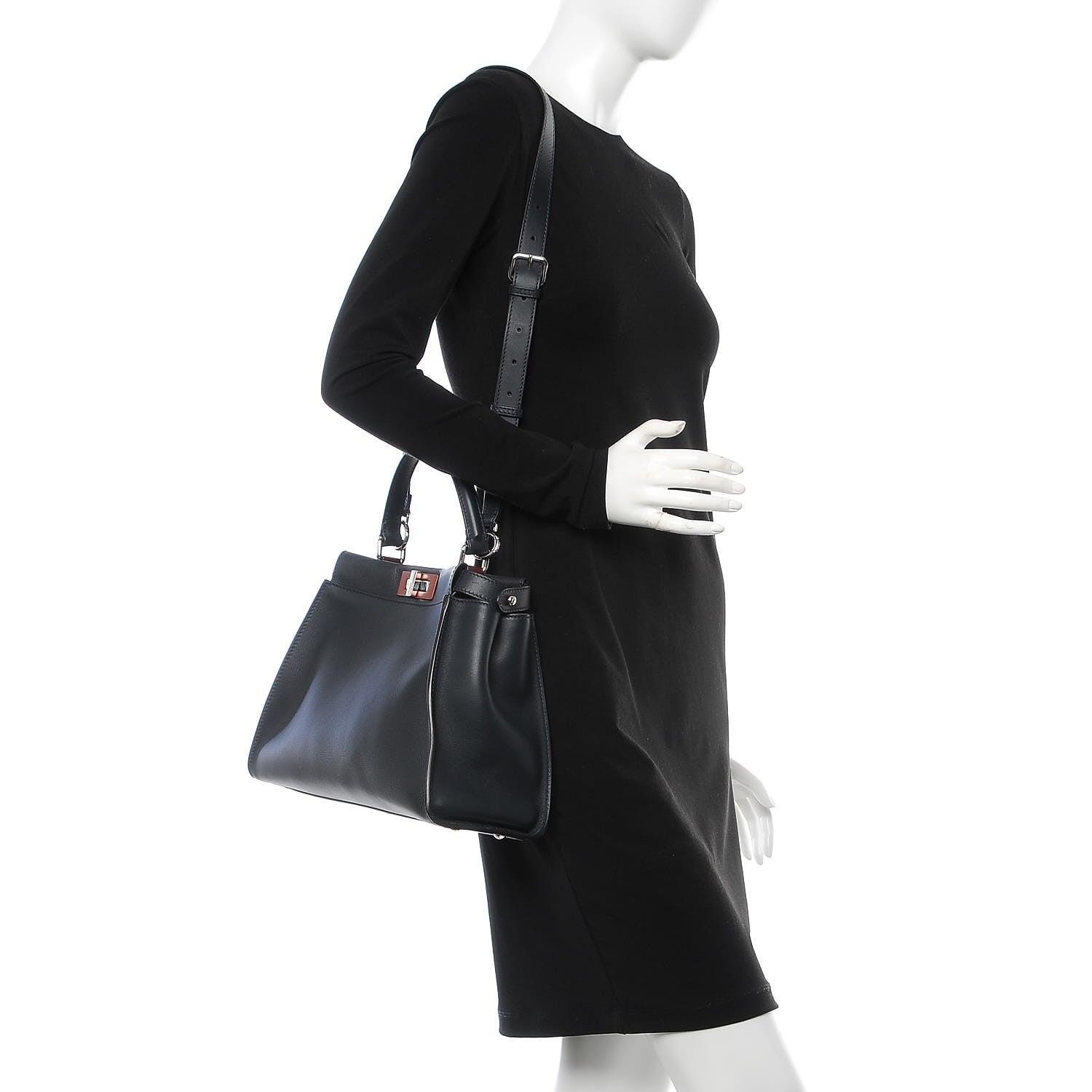 Fendi Vitello Seta Shiny Nappa Medium Peekaboo Iconic Satchel Blue Notte Ardesia 3 of 9