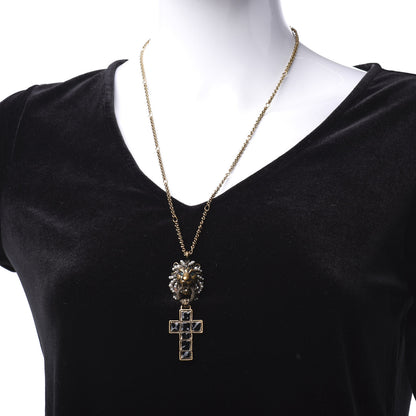 Gucci Metal Lion Head Pearl Crystal Crucifix Necklace Aged Gold 2 of 4