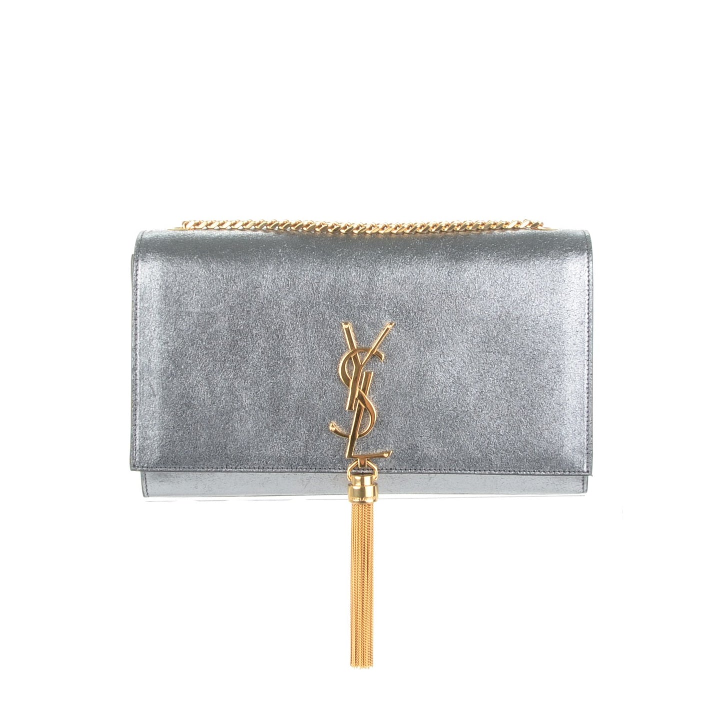 Metallic Calfskin Medium Classic Monogram Kate Tassel Satchel Silver