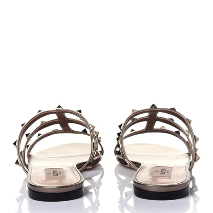 Valentino Garavani Metallic Nappa Rockstud Caged Flat Slide Sandals 38.5 Sasso 5 of 10