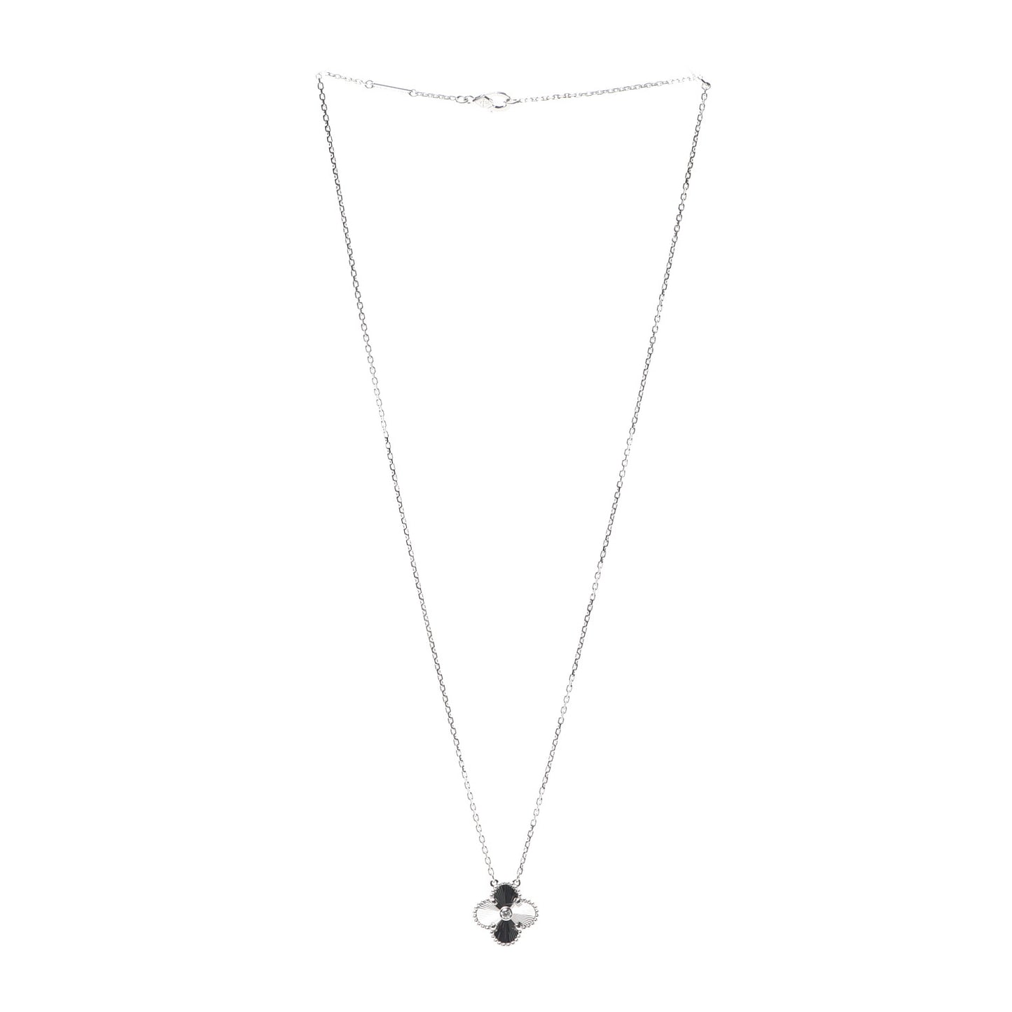 18K White Gold Diamond Guilloche Vintage Alhambra Pendant Necklace