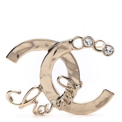 Chanel Metal Crystal Coco Script CC Brooch Gold 1 of 4