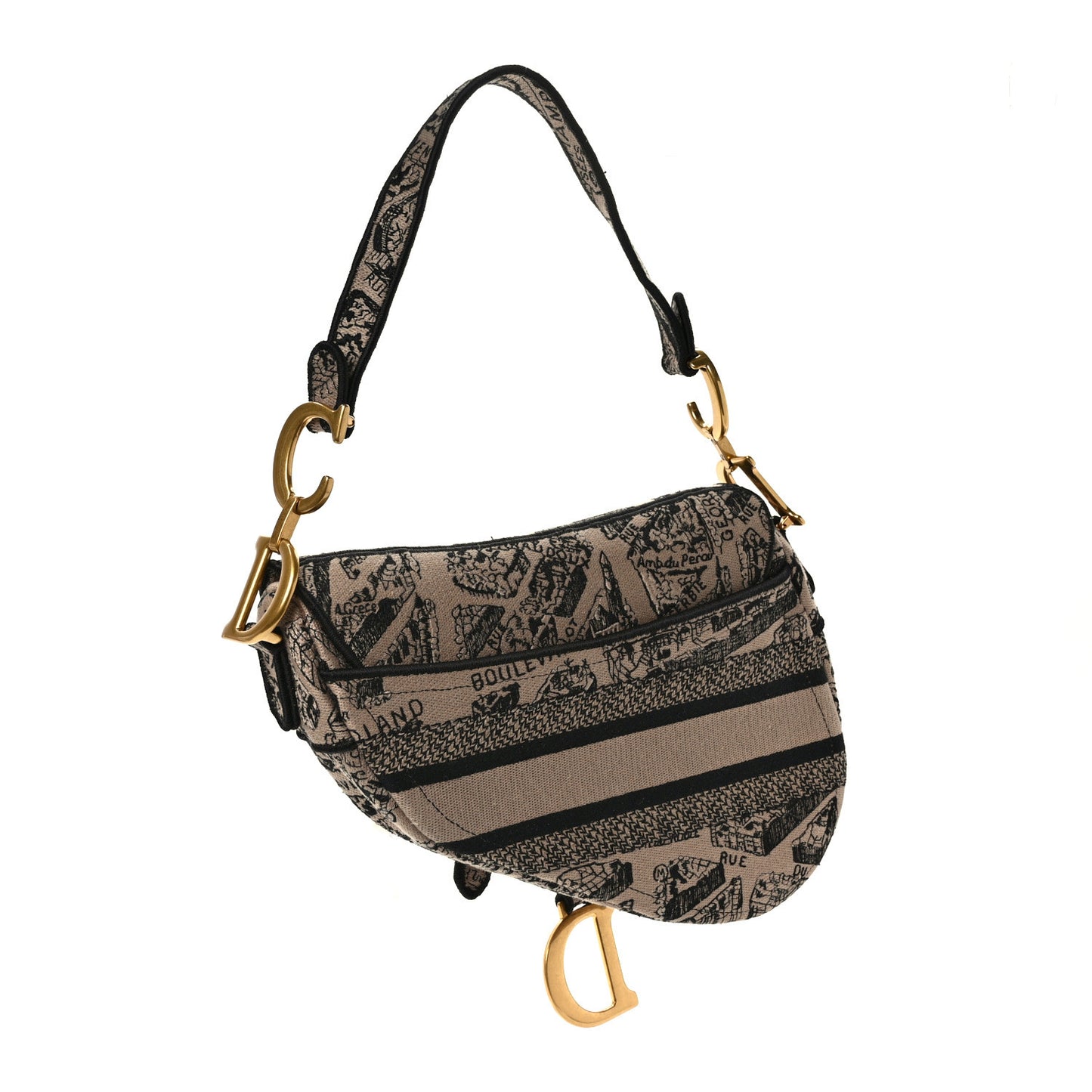 Canvas Embroidered Plan De Paris Printed Saddle Bag Beige Black