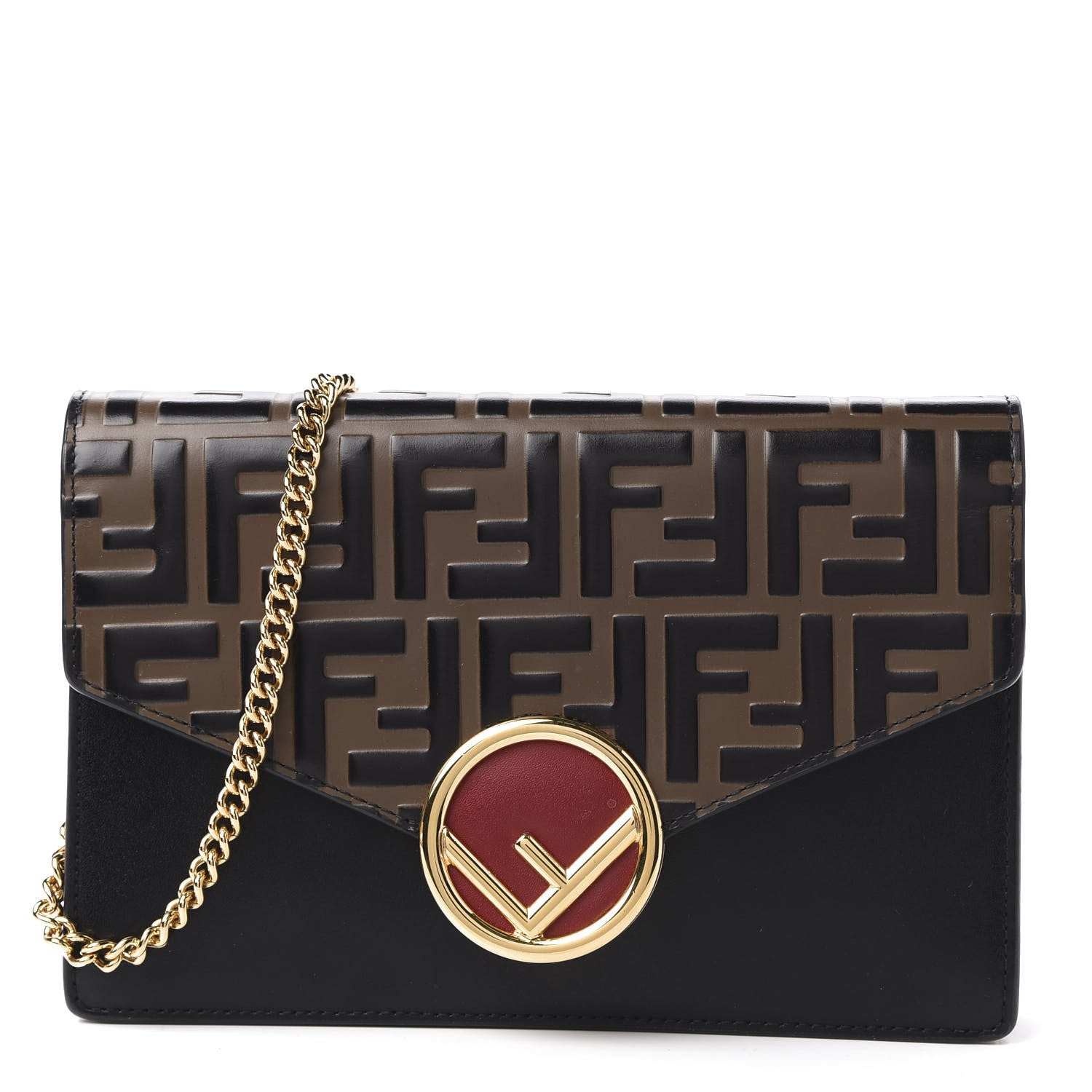 Fendi Vitello Liberty F is Fendi Bi-Color FF 1974 Embossed Medium Envelope Wallet On Chain Black Maya 1 of 10
