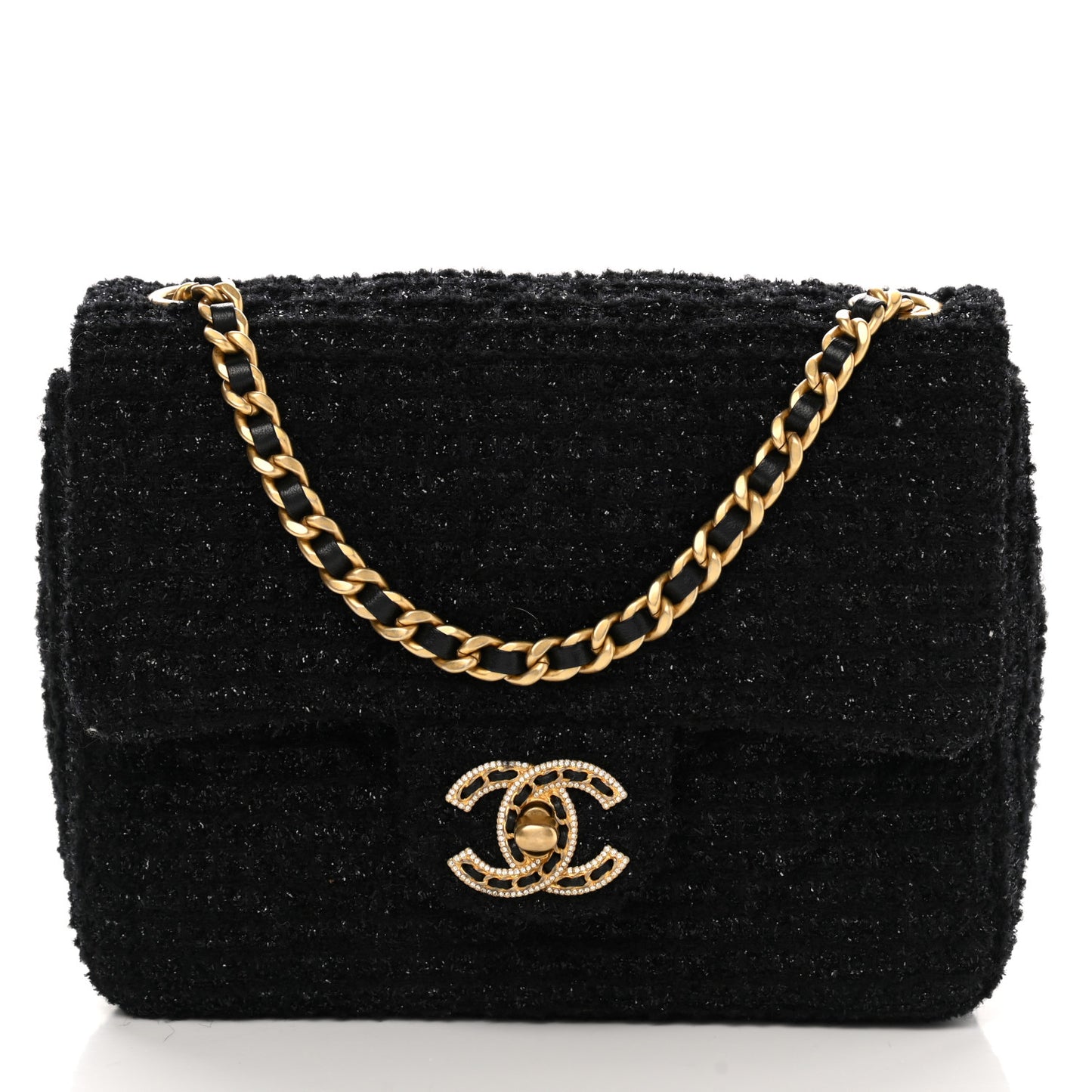 Tweed Quilted Mini Crystal CC Square Flap Black