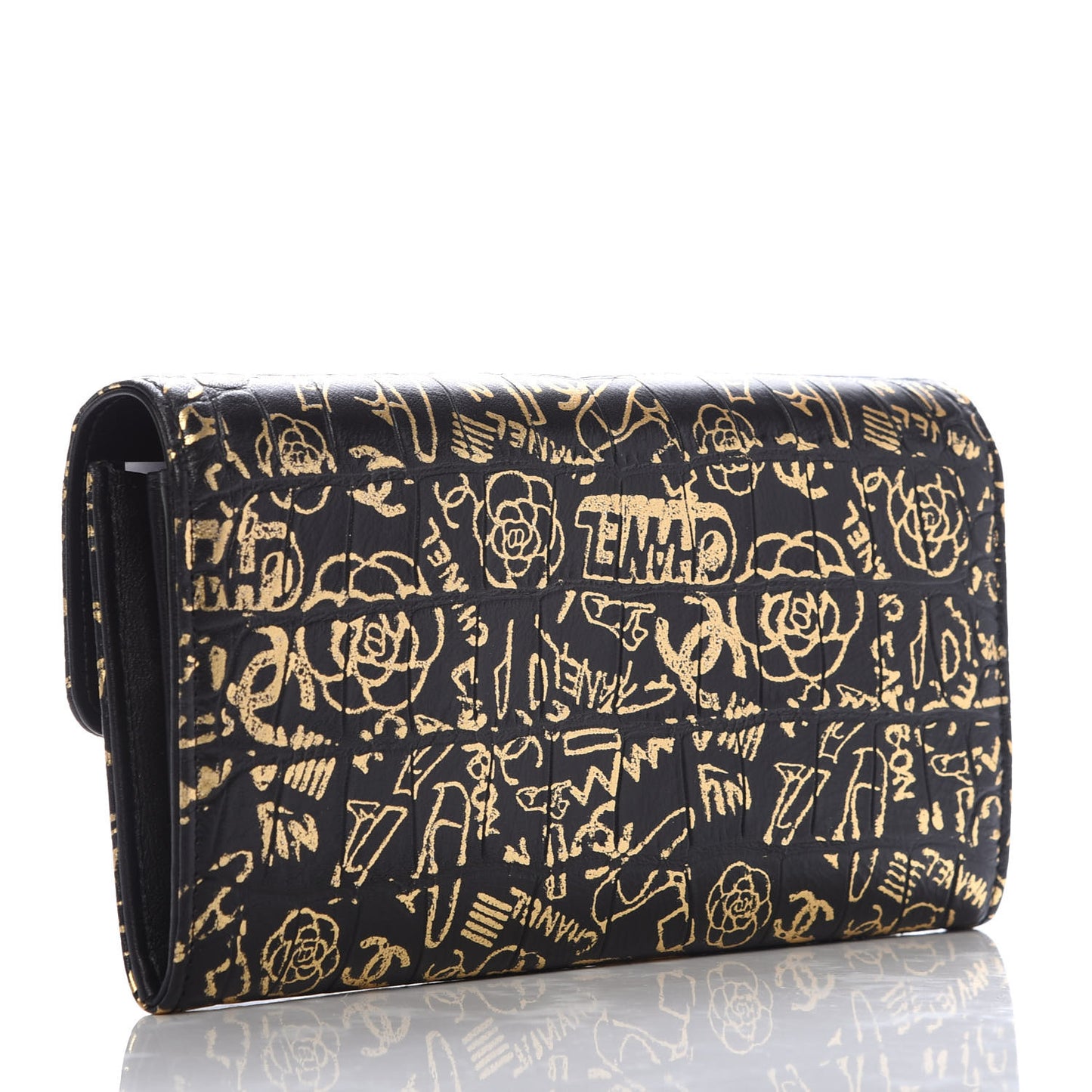 Calfskin Crocodile Embossed Graffiti 2.55 Cocodile Reissue Long Flap Black Gold