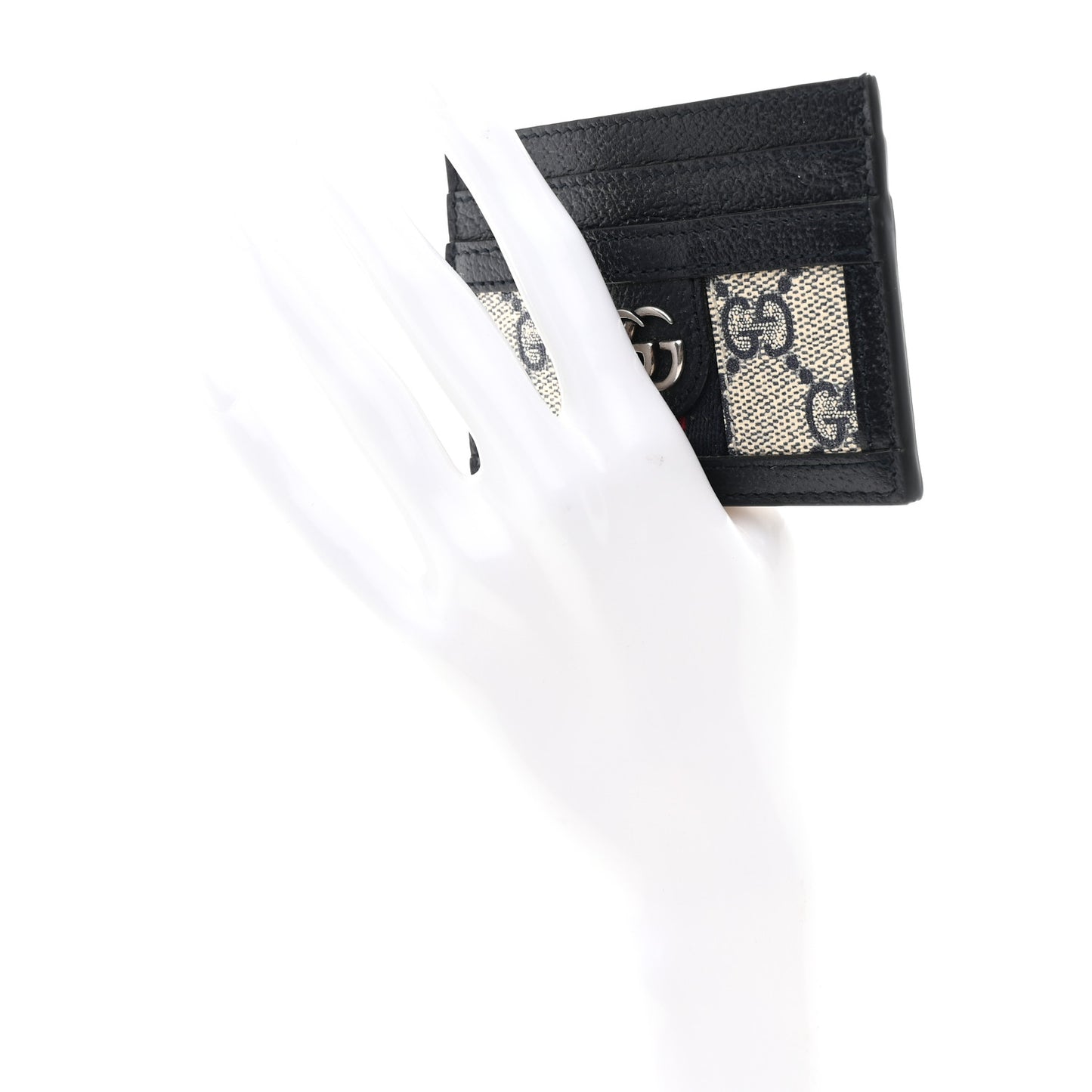 GG Supreme Monogram Textured Dollar Calfskin Web Ophidia Card Holder Beige Blue