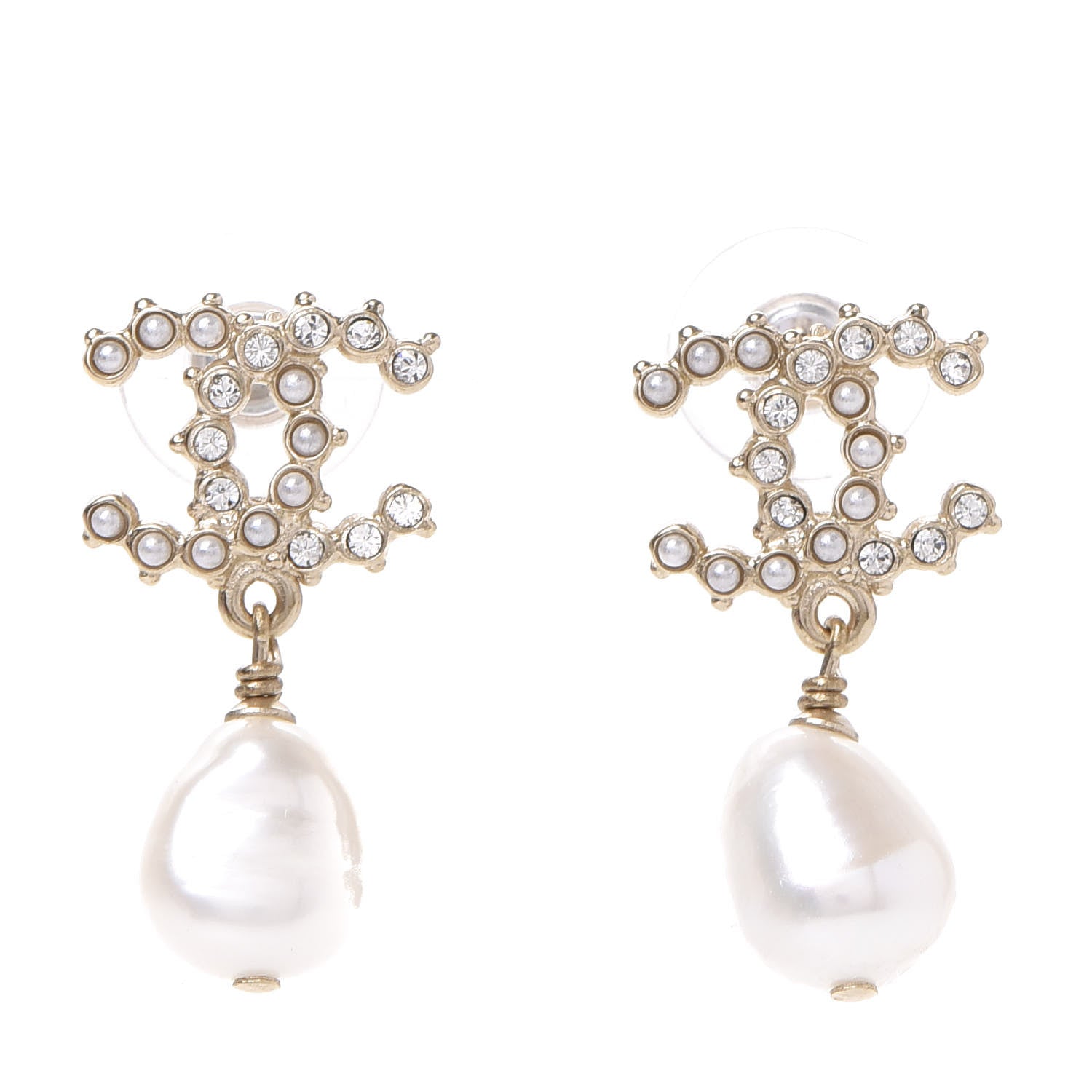 Chanel Pearl Crystal CC Drop Earrings Gold Pearly White 1 of 5