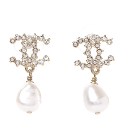 Chanel Pearl Crystal CC Drop Earrings Gold Pearly White 1 of 5