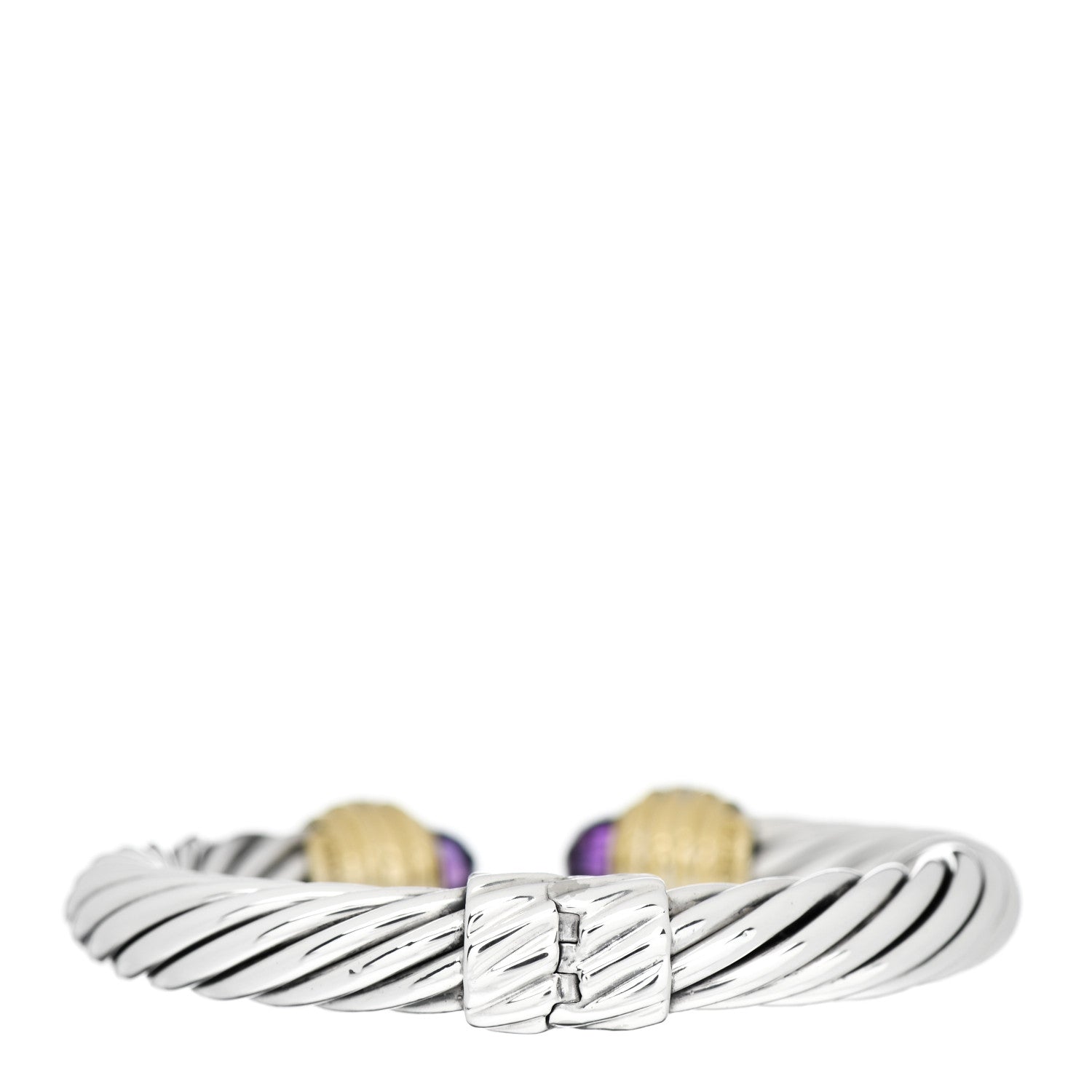 David Yurman Sterling Silver 18K Yellow Gold Diamond Amethyst 10mm Cable Bracelet 2 of 3