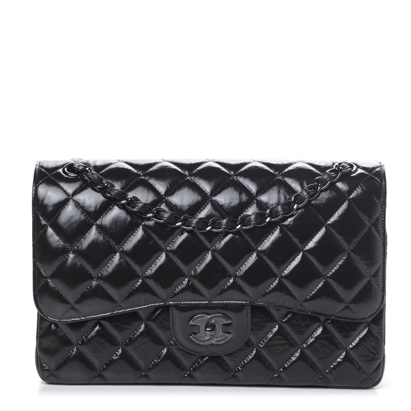 Shiny Distressed Calfskin Quilted Jumbo Double Flap So Black