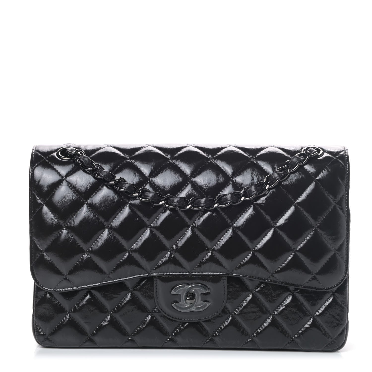 Chanel Shiny Distressed Calfskin Quilted Jumbo Double Flap So Black 1 of 4