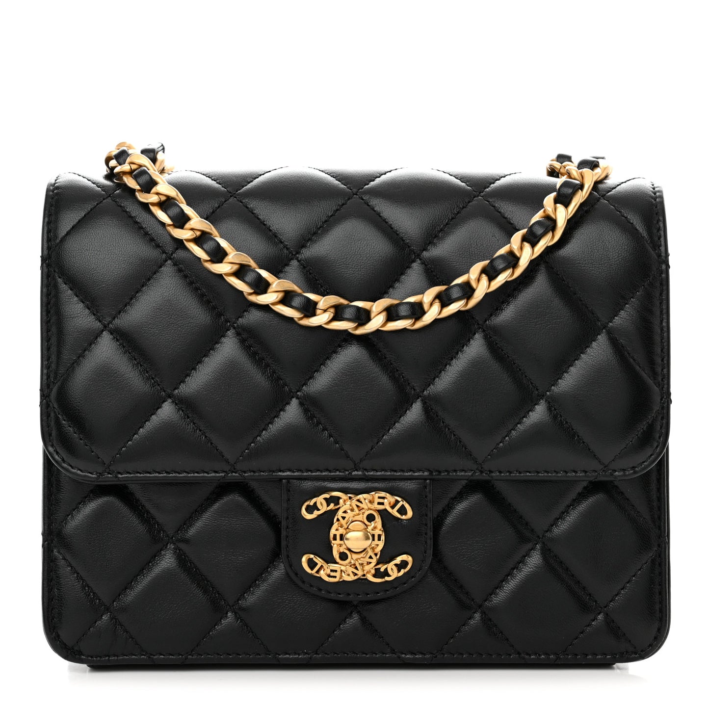 Shiny Lambskin Quilted Mini Flap Black