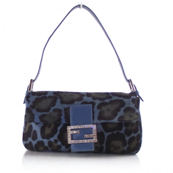 Calf Hair Leopard Print Baguette Blue