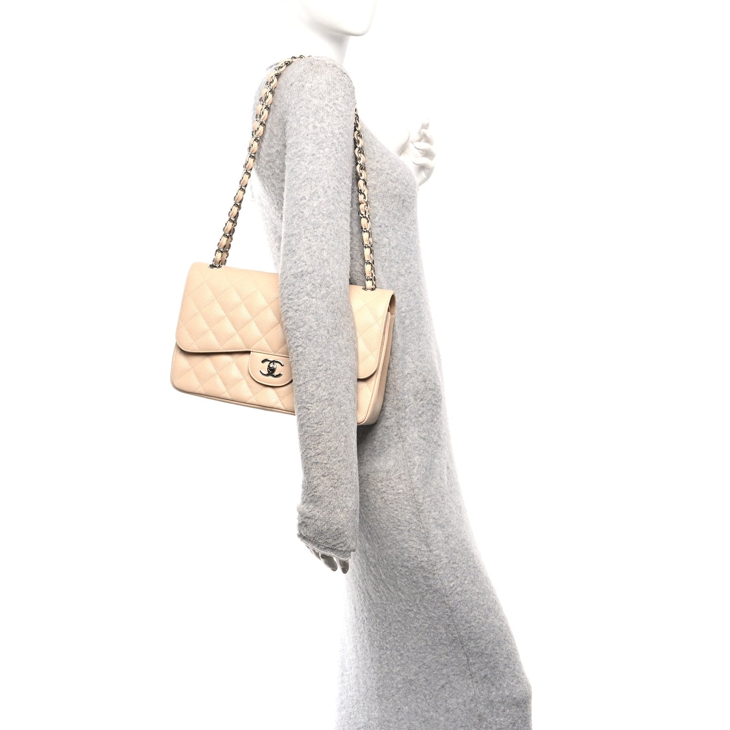 Caviar Quilted Jumbo Double Flap Light Beige