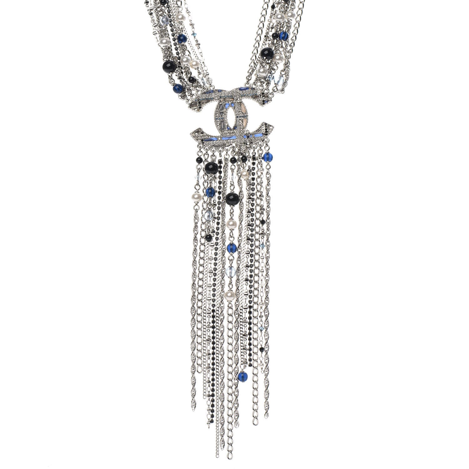 Chanel Beaded Multi Strand CC Necklace Silver Blue 1 of 5