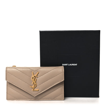 Saint Laurent Grain De Poudre Matelasse Chevron Monogram Compact Wallet Dark Beige 7 of 7