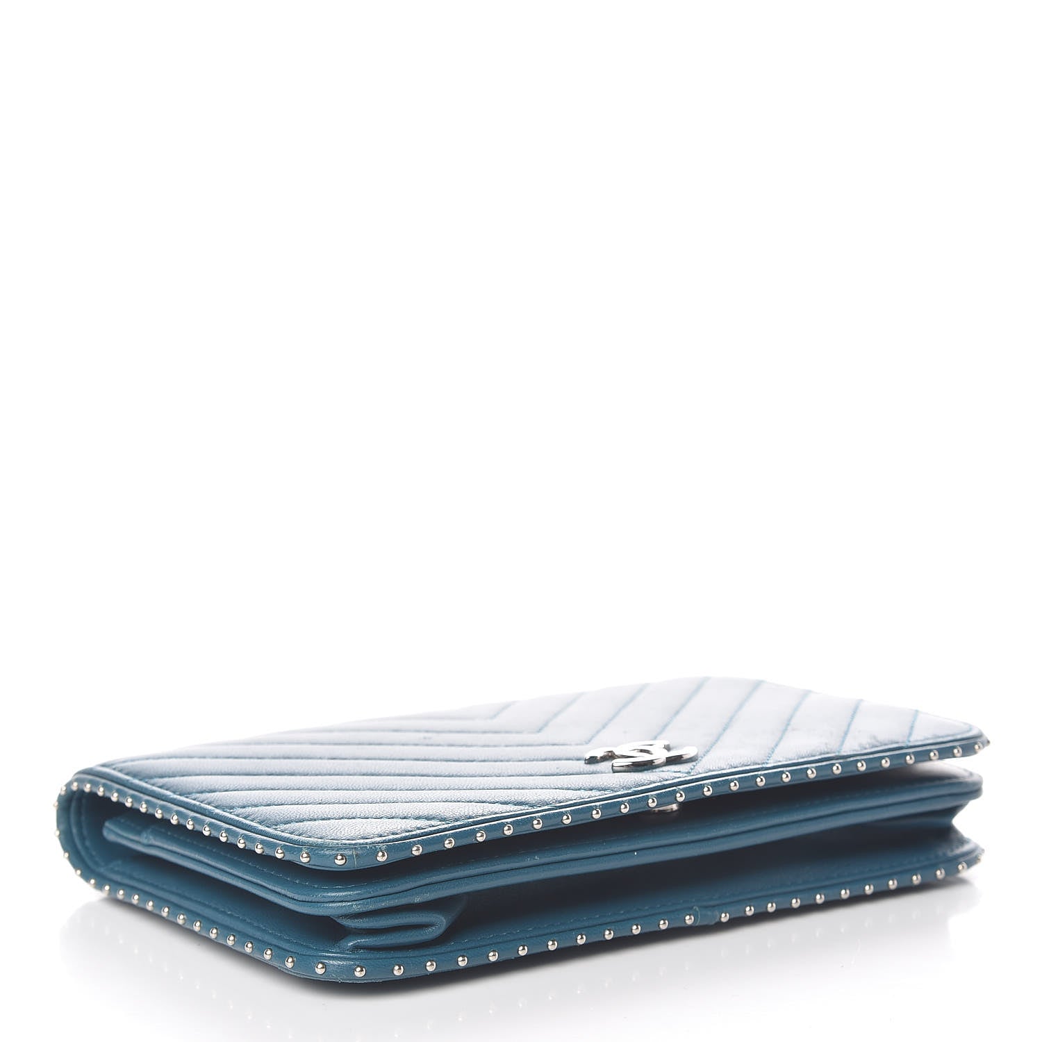Chanel Lambskin Chevron Quilted Studded Wallet On Chain WOC Blue 4 of 17