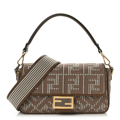 Fendi Wool Vitello King Houndstooth FF Embroidered Baguette Beige Moro 1 of 8