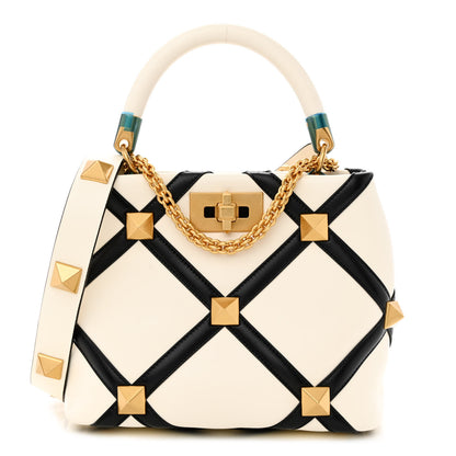 Valentino Garavani Nappa Small Roman Stud The Handle Bag Ivory Black 1 of 10