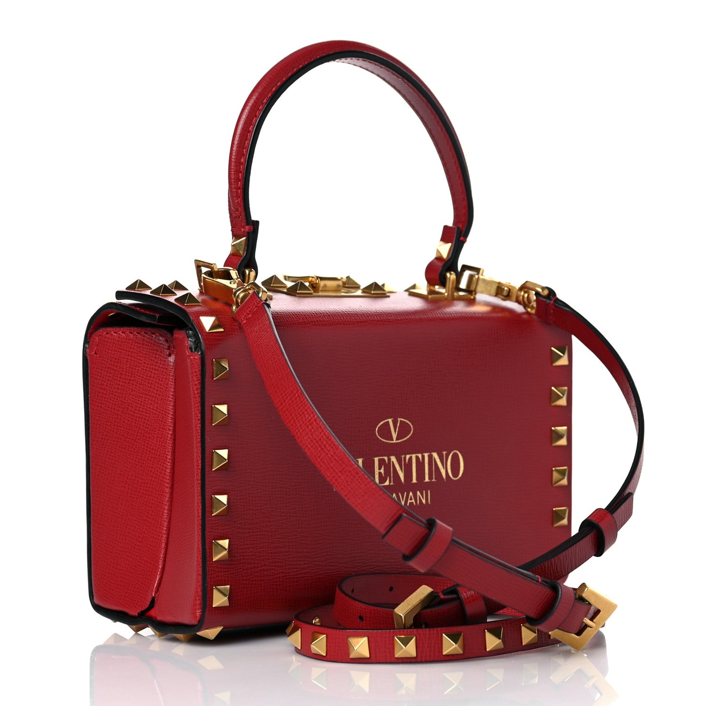 Grainy Calfskin Rockstud Alcove Box Top-Handle Bag Rouge Pur