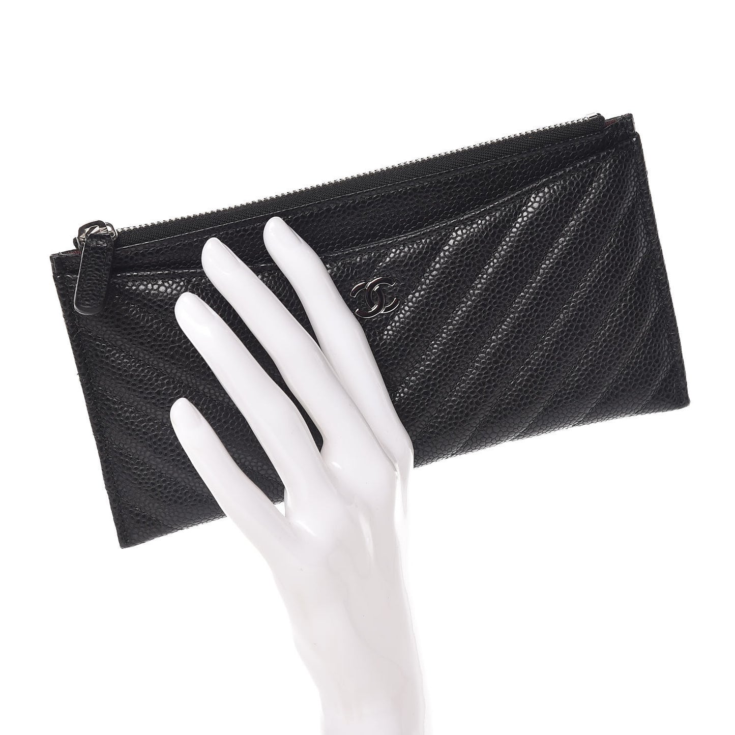 Caviar Chevron Quilted Zip Pouch Black