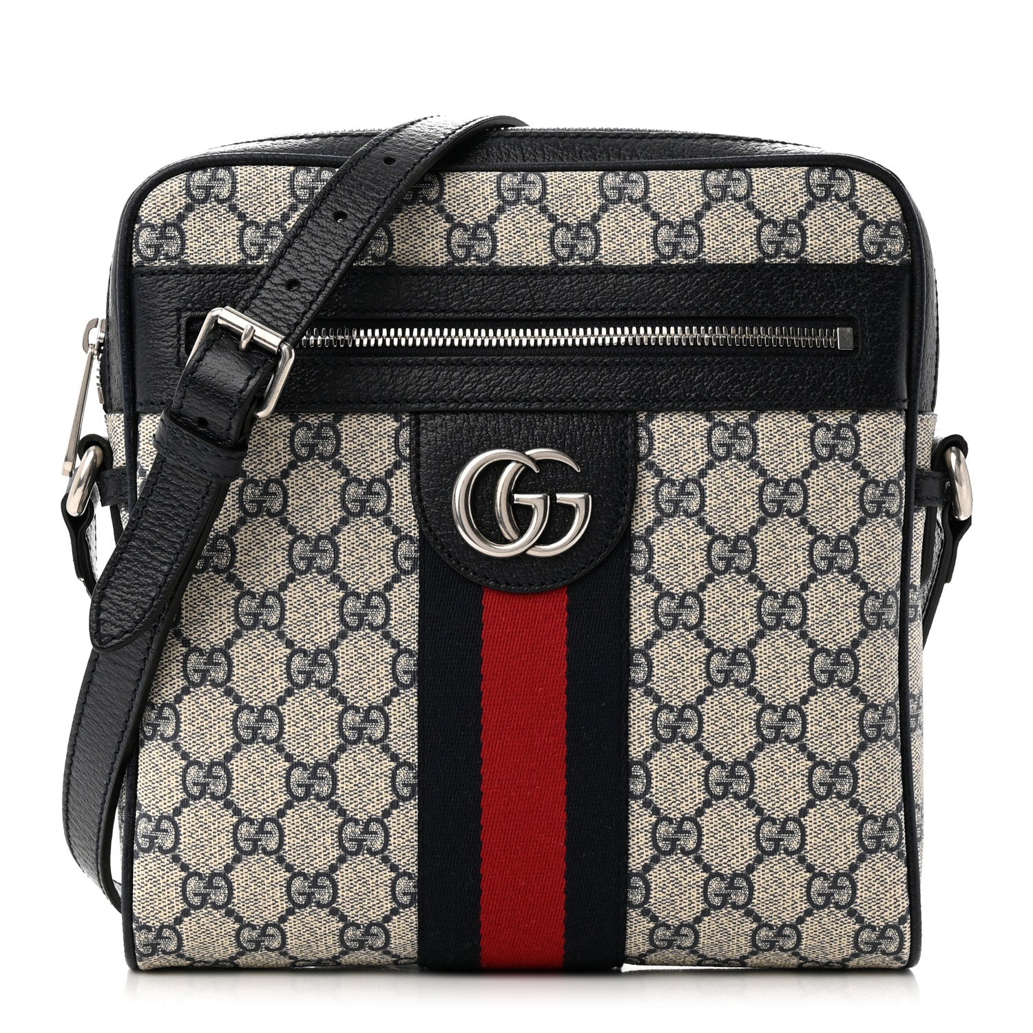 Gucci GG Supreme Monogram Textured Dollar Calfskin Web Small Ophidia Messenger Bag Beige Blue 1 of 11