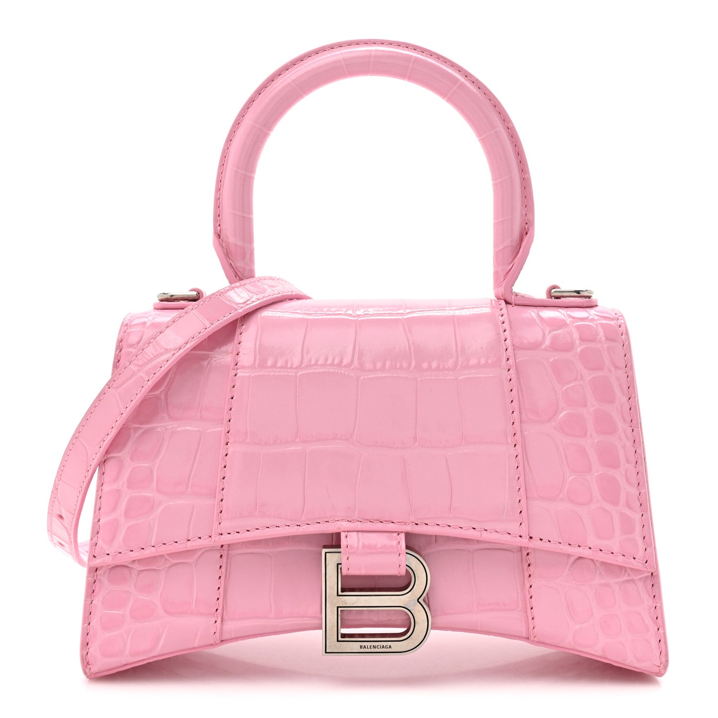 Shiny Calfskin Crocodile Embossed Hourglass Top Handle Bag XS Sweet Pink