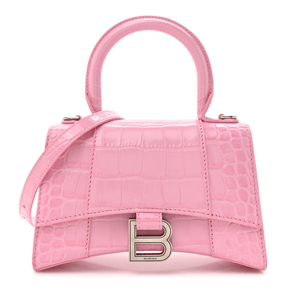 Balenciaga Shiny Calfskin Crocodile Embossed Hourglass Top Handle Bag XS Sweet Pink 1 of 12