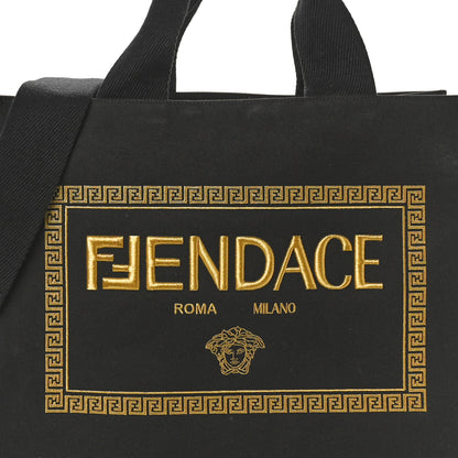 Fendi X VERSACE Cotton Canvas Cuoio Romano Fendace Logo Embroidered Signature Shopping Tote Black Gold 7 of 10