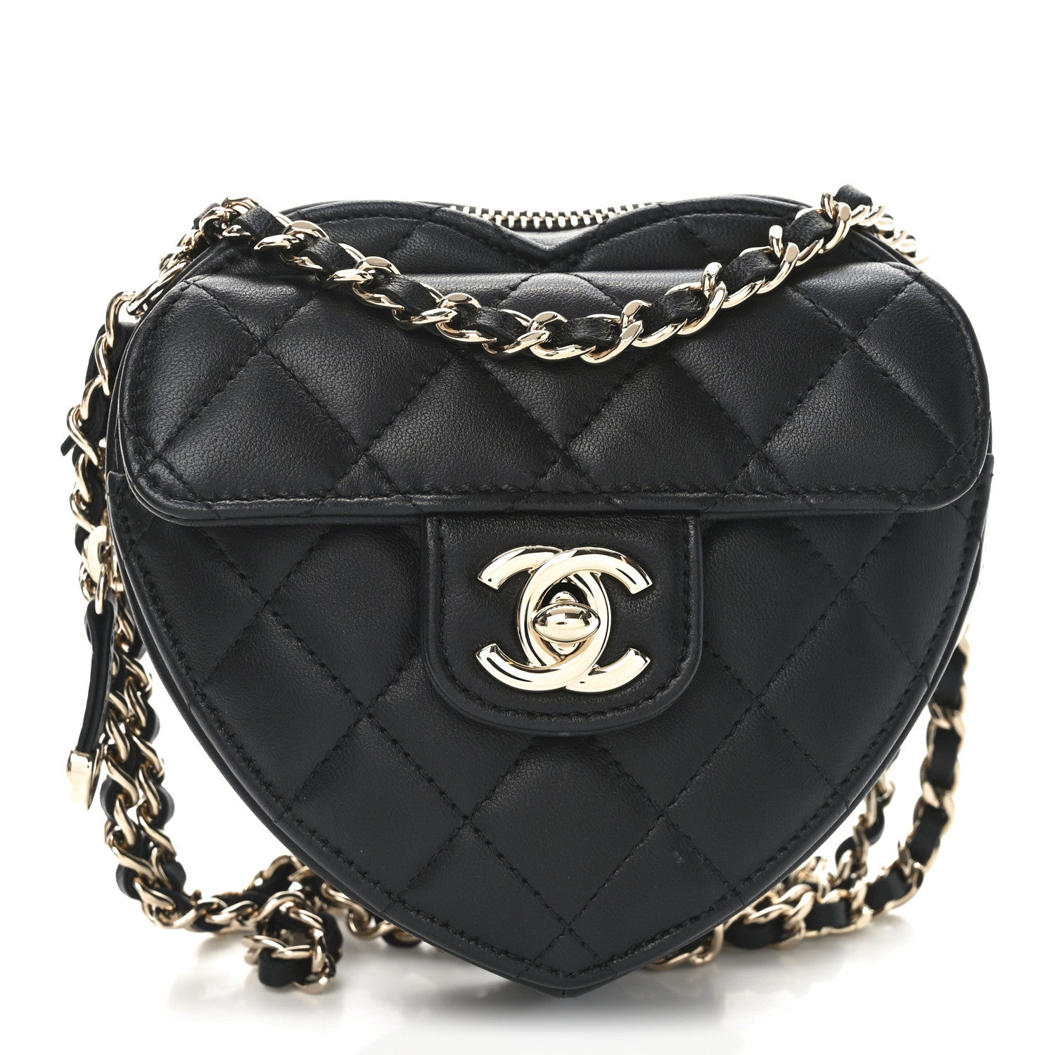 Chanel Lambskin Quilted CC In Love Heart Waist Belt Bag With Chain Black 1 of 10