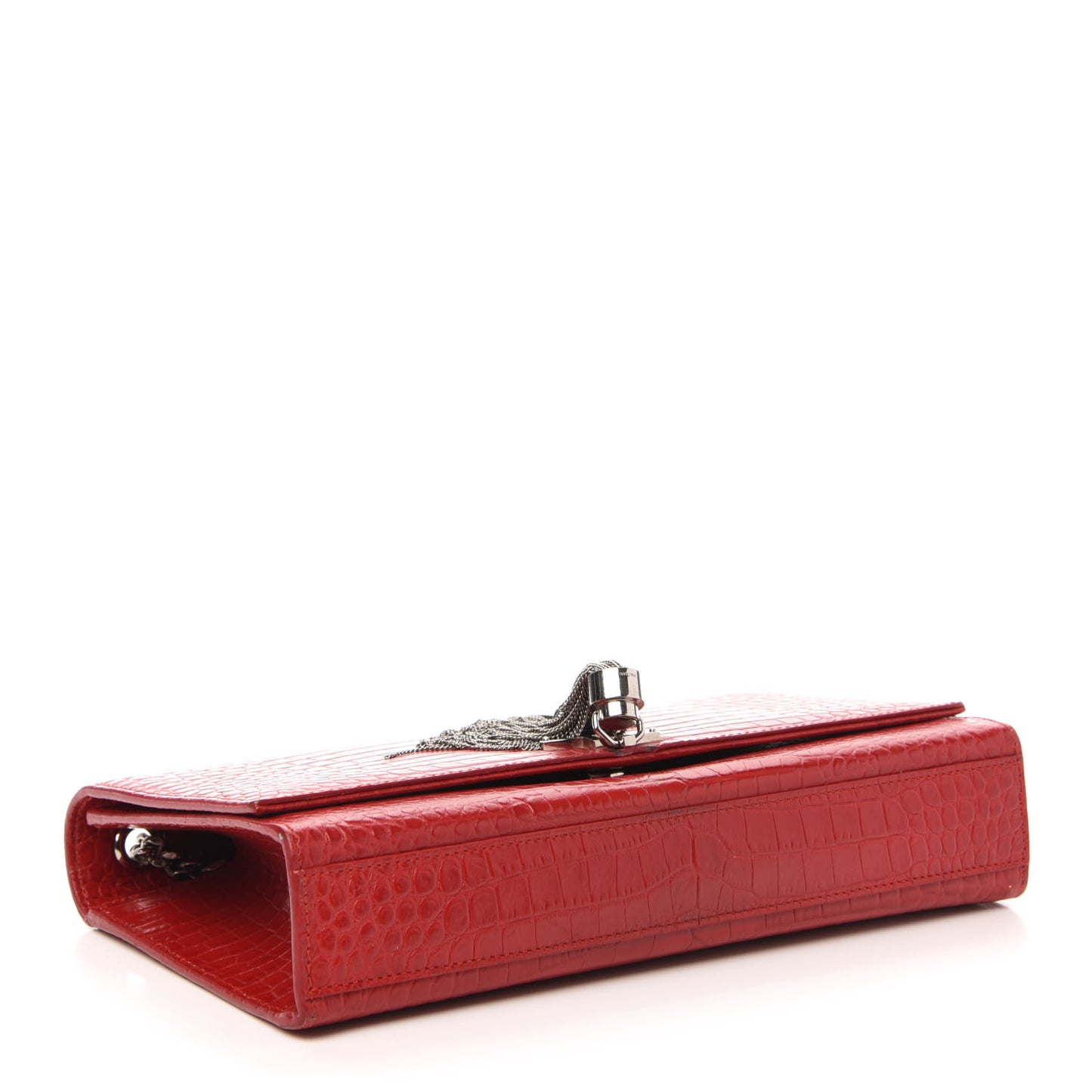 Calfskin Crocodile Embossed Medium Classic Monogram Kate Tassel Satchel Red
