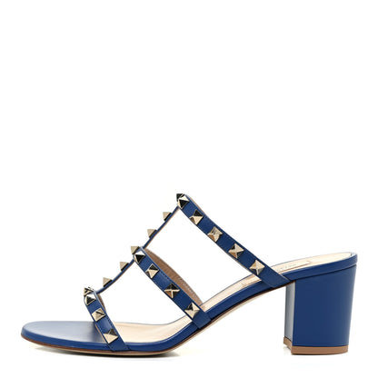 Valentino Garavani Calfskin Rockstud 60mm Caged Slide Sandals 38.5 Blu Delft 1 of 12